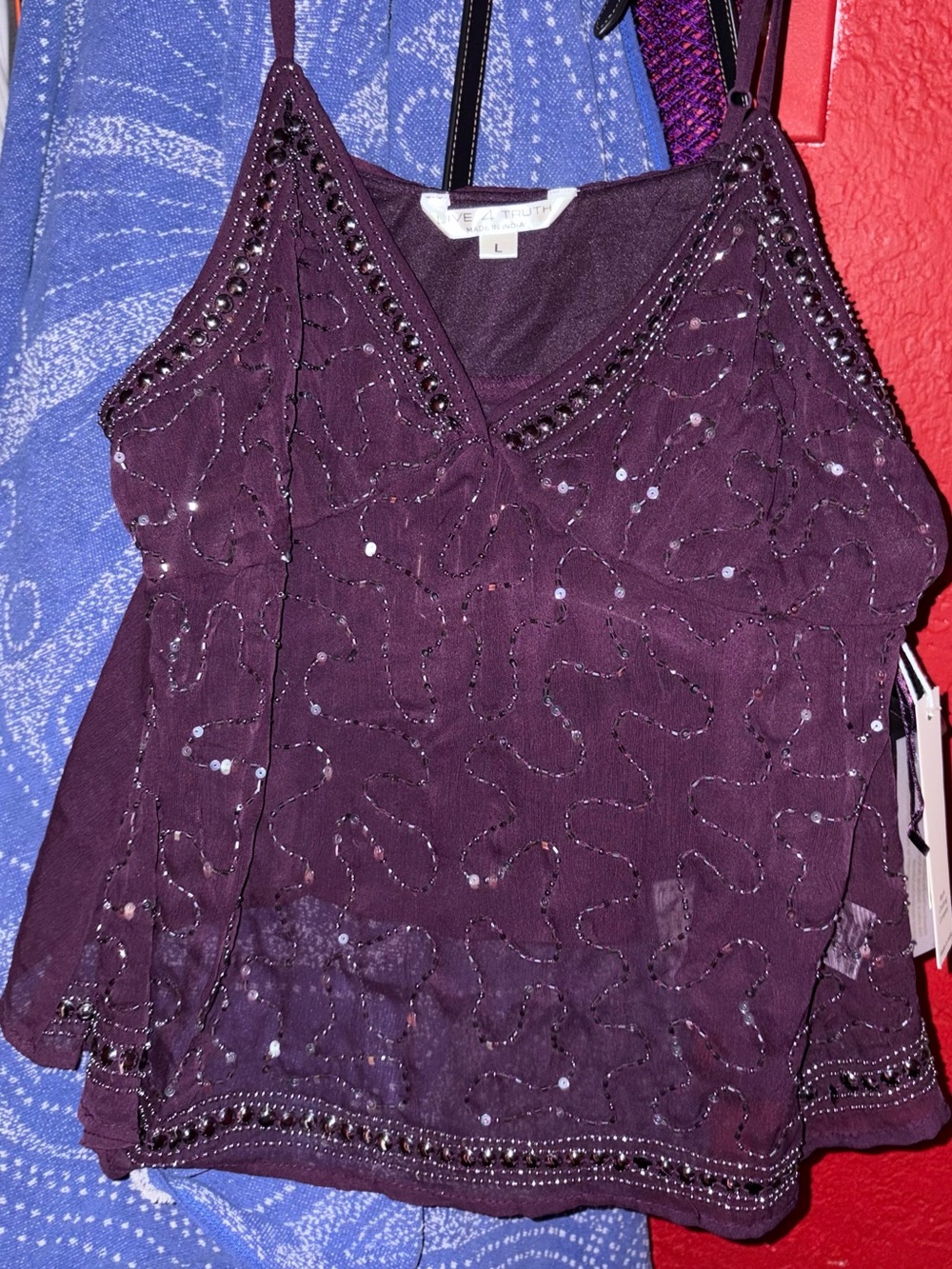 Beaded Plum V-Neck Camisole with Sequin Detail